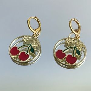 Cute & Funky cherry gold enamel earrings